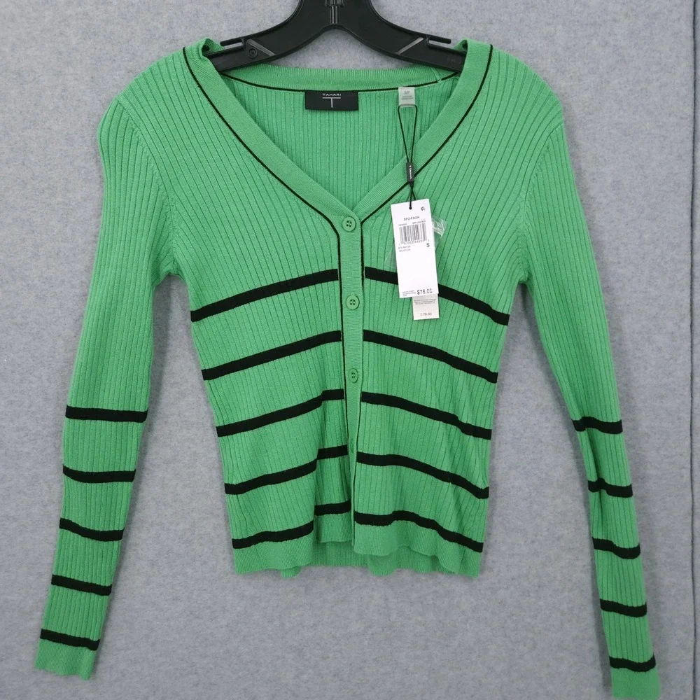 Tahari Button Front V Neck Green Leaf Black Striped Long Sleeve Cardigan Women S